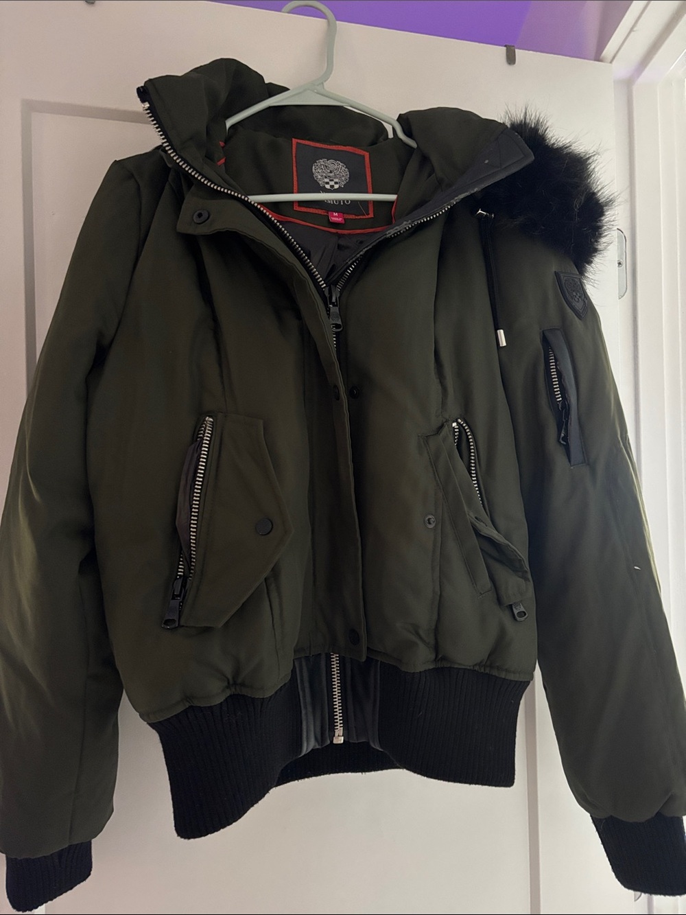 Vince Camuto Olive Green Hooded Bomber Jacket with Black Faux Fur Trim